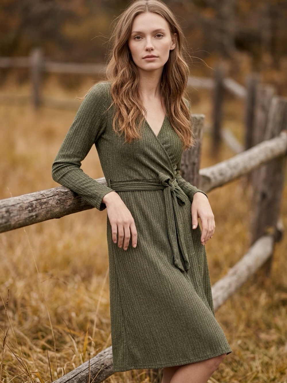 New Shows Ribbed Tie Waist Midi Dress in Olive Green NWT Small